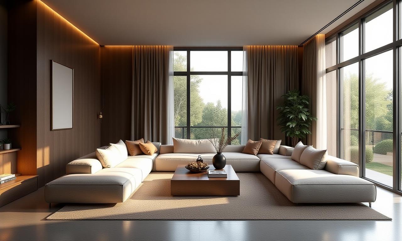 Lüks bir oturma odası iç mimarlık projesi, modern ve aydınlık bir atmosfer